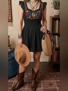 Boho Embroidered Black Dress